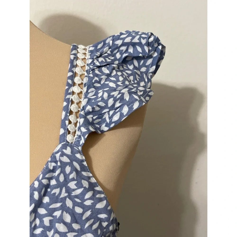 Japna Blue White Leaf Print Maxi Dress Smocked Boho Casual Flutter Sleeve XS - Picture 4 of 8